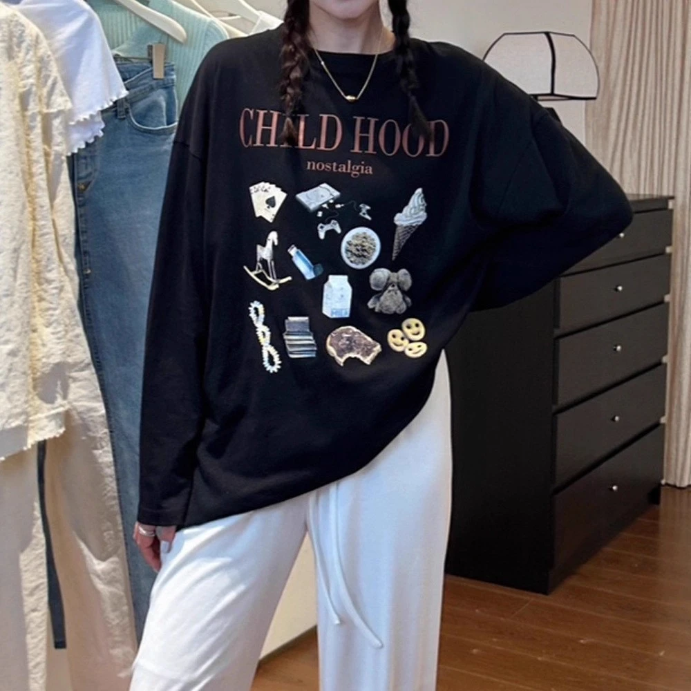 秋冬新款小众趣味卡通字母印花设计长袖上衣女休闲外穿宽松卫衣女