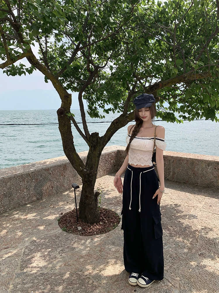 【雨落白茶】2025夏季新款甜欲蕾丝花边拼接一字肩上衣女配休闲长裤