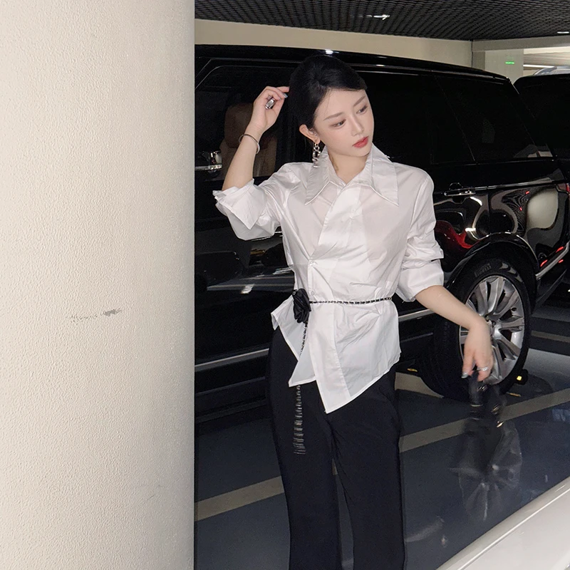 果果家 白色设计师衬衫2024新款时尚休闲长袖高级感女士上衣