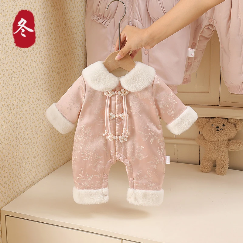 新款加厚夹棉加绒秋冬款哈衣连体衣外出服哈衣宝宝婴儿新中式爬服