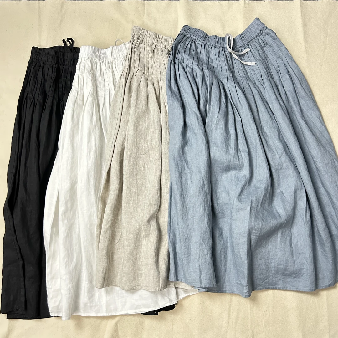 纯原日系手工宽褶皱松紧腰宽松休闲亚麻女款半身裙