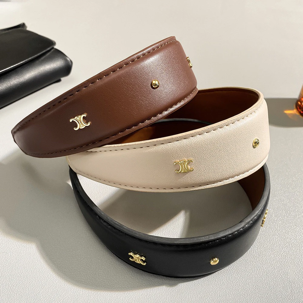 法式双C字母发箍女pu皮皮质发夹美拉德色系头箍百搭高级感发饰品