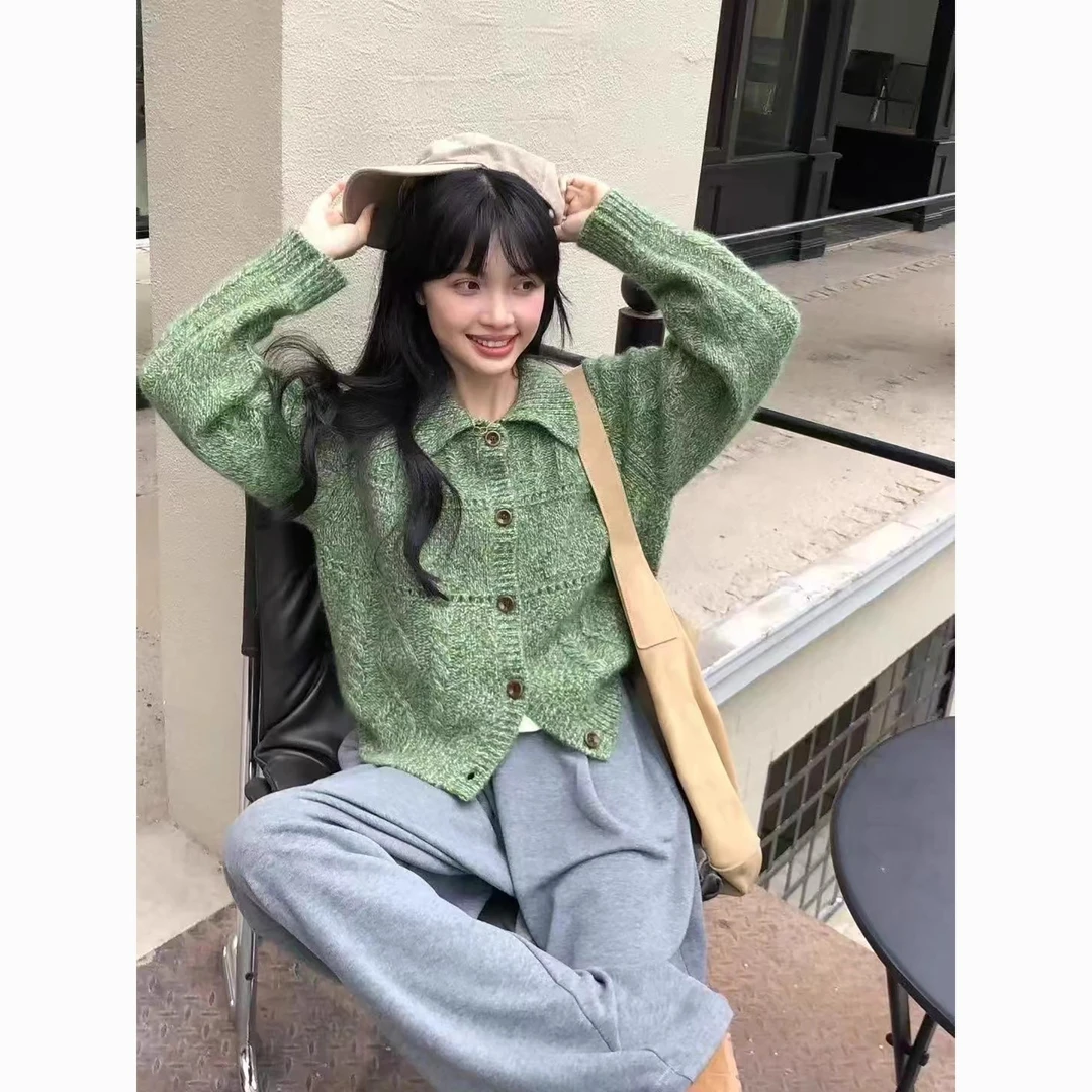 常规款针织衫针织复古翻领插肩袖毛针织衫慵懒风百搭上衣秋季秋冬
