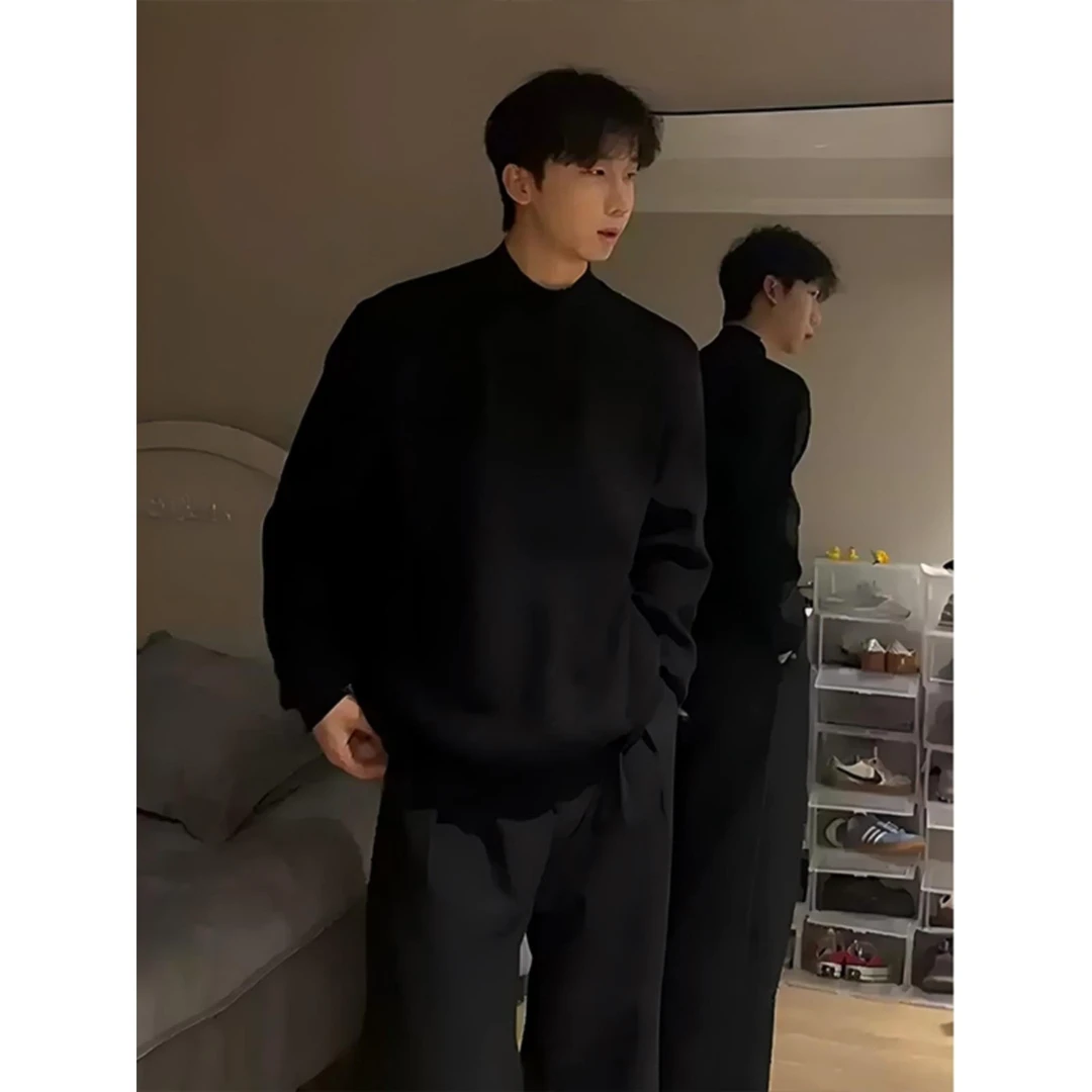 cleanfit黑色半高领款打底衫男秋冬内搭长袖t恤美式正肩德绒卫衣