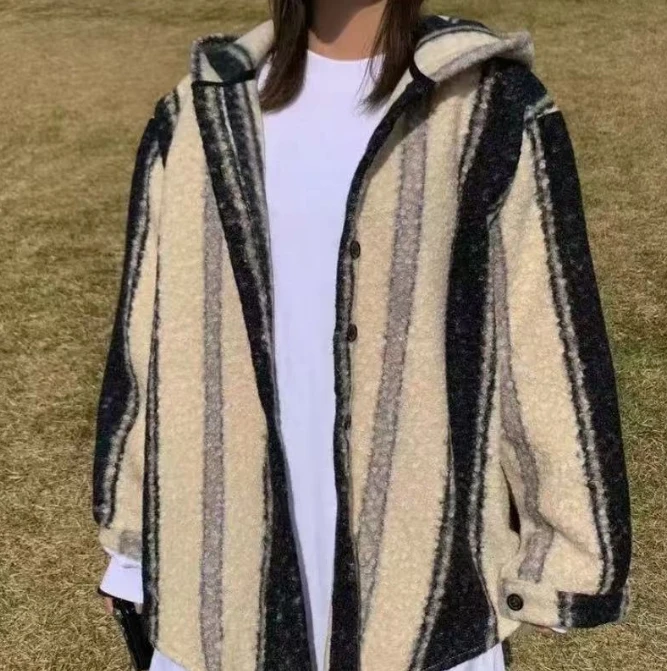 【卿卿日常专属】韩系小个子松弛感杏色连帽条纹休闲呢子外套