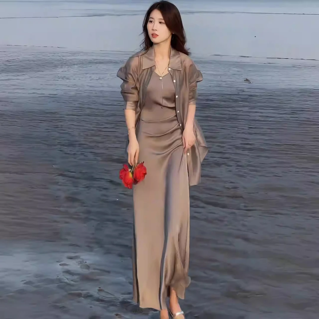 早春冰丝连衣裙女薄款开衫一整套夏装新款防晒衫气质吊带裙两件套