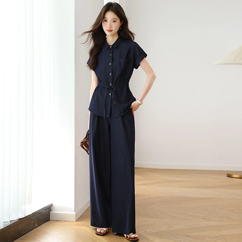 轻奢洋气减龄妈妈短袖衬衫套装女夏新款2025时尚休闲阔腿裤两件套