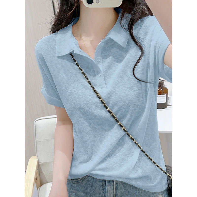 高级感蓝色polo领短袖T恤女夏季慵懒风宽松显瘦薄款简约纯色上衣
