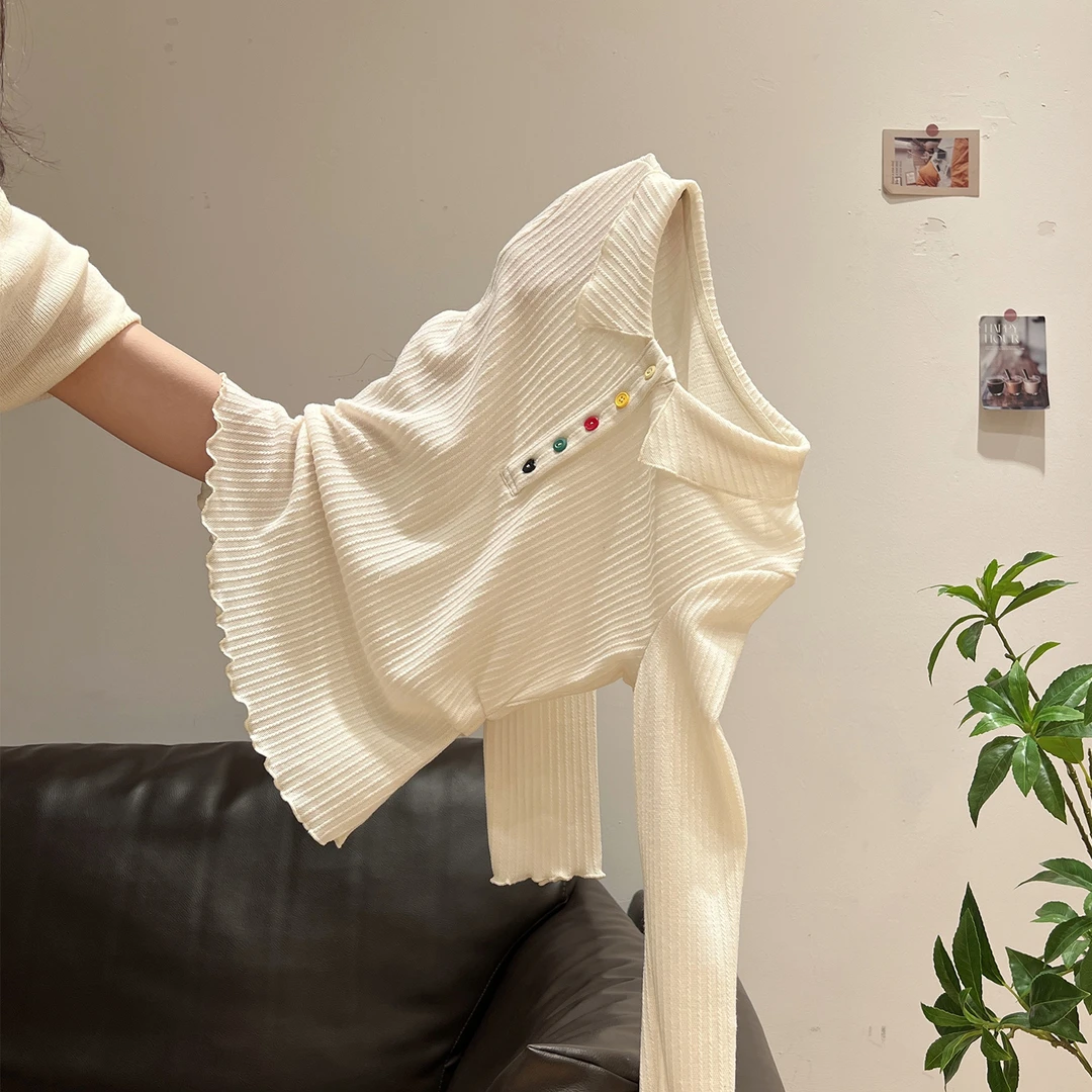 ins风POLO领彩色纽扣针织长袖T恤女2025秋季设计感木耳边褶皱上衣