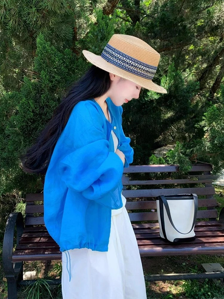 法式外搭克莱因蓝显白防晒衬衫小披肩女夏季宽松抽绳薄纱开衫上衣