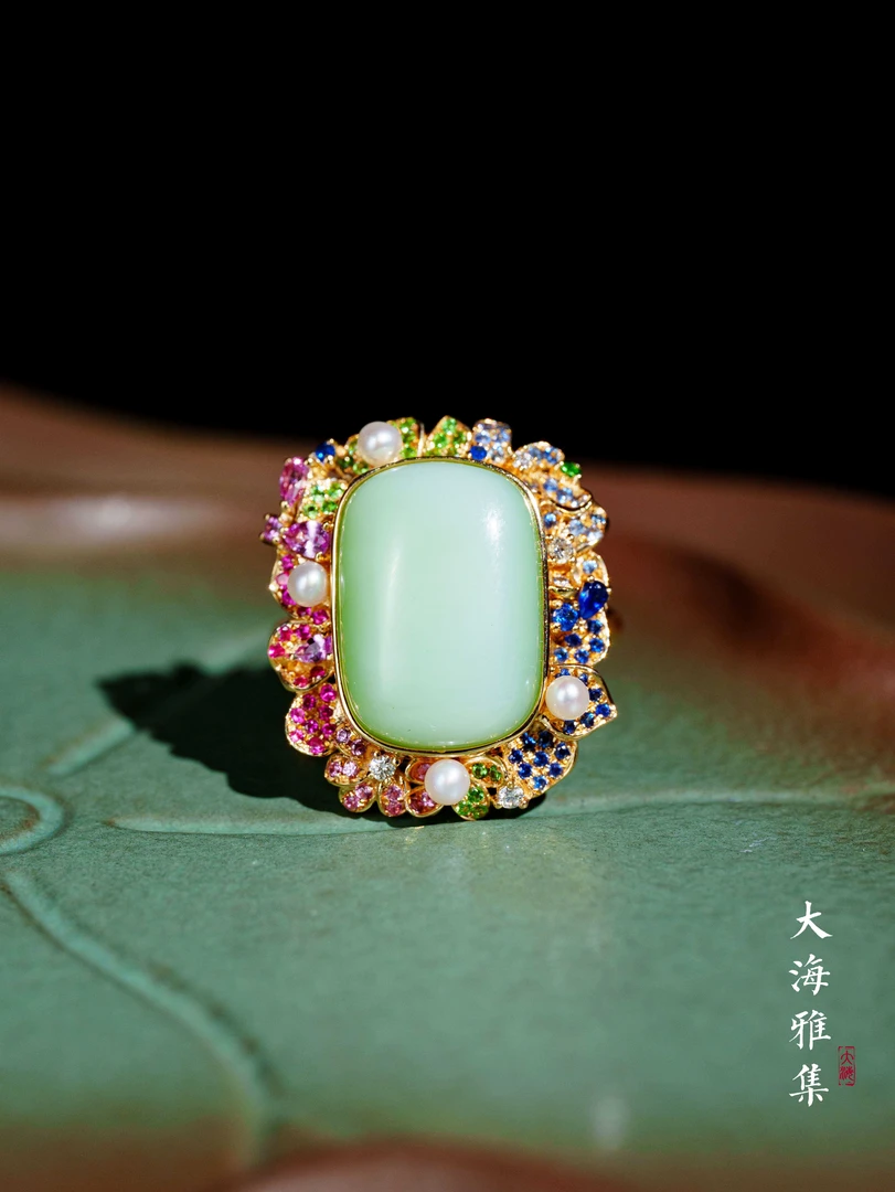 【原创设计】黑羊洞繁花和田玉戒指 D4842（18）