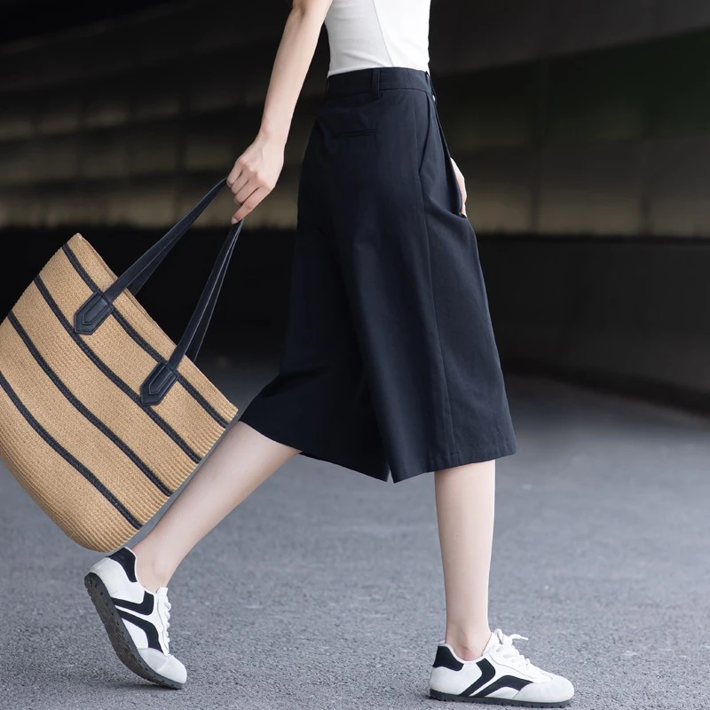 黑色亚麻阔腿裤子女夏薄款2025新款高腰显瘦裙裤七分休闲西装中裤