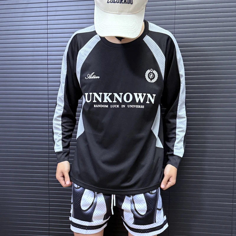 复古拼接网眼透气长袖健身训练户外速干复古撞色圆领宽松运动T恤