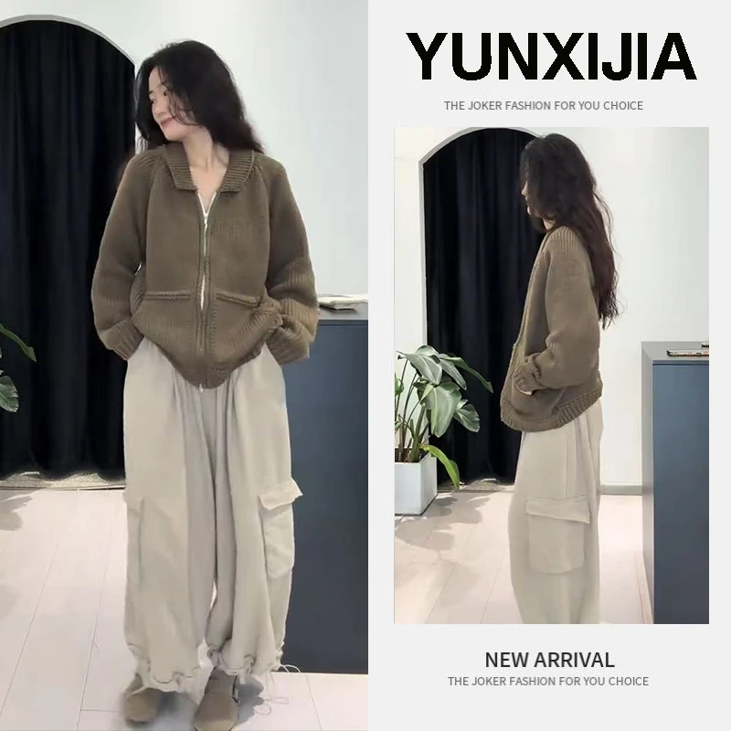 今年流行穿搭一整套女2025秋季复古连帽针织开衫设计感裤子两件套