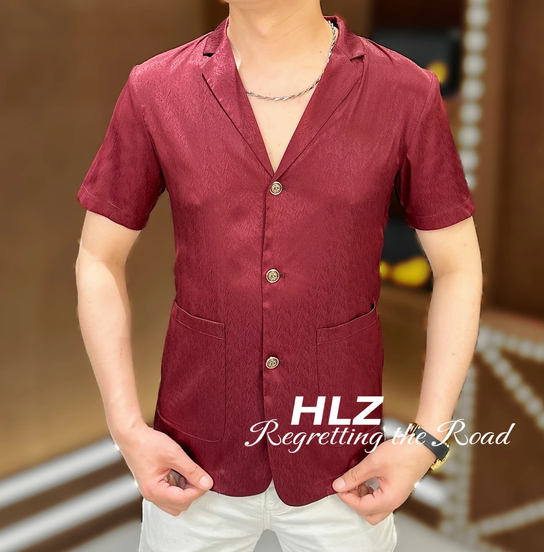 憾路者家2025夏季新款修身男士休闲简约纯色高级感西服短袖T恤