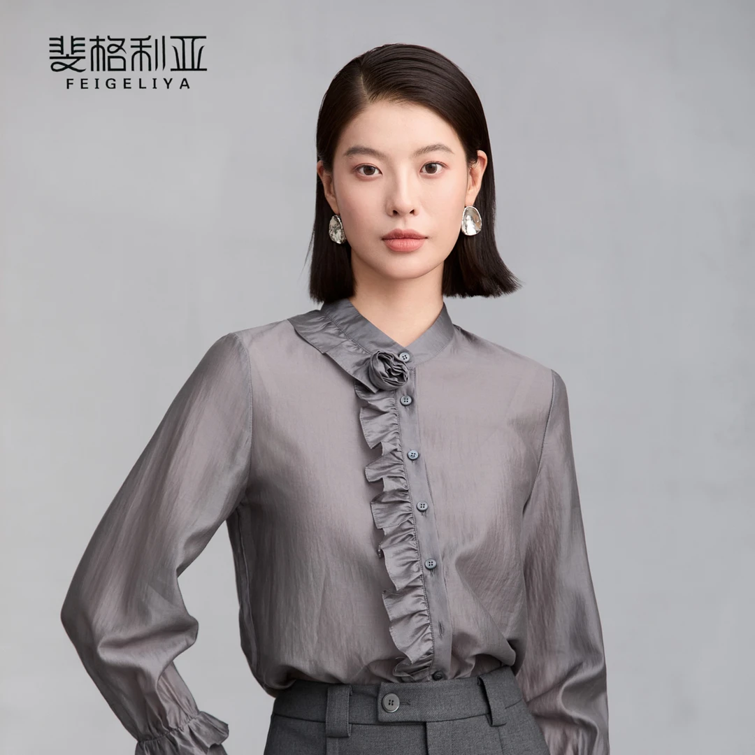 春季轻职时尚百搭木耳边气质简约宽松女装衬衣