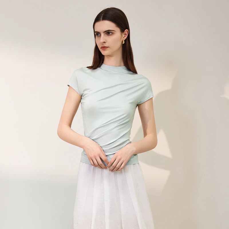 【楠哥专属】AEL原创时尚简约通勤纯色女士短袖立领T恤 AS4BT238