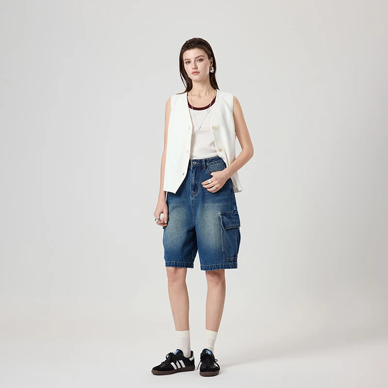 集也复古五分女2025夏季新款宽松显瘦休闲百搭白色修身阔腿牛仔裤