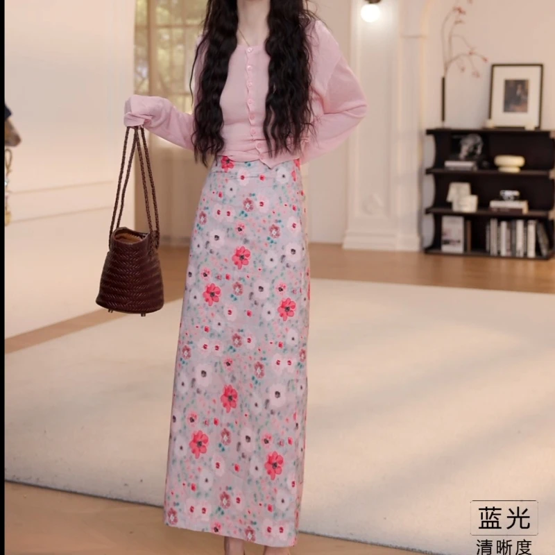 夏季百搭纯色开衫长袖防晒T恤+显瘦时尚拉链印花半身裙LK2503572