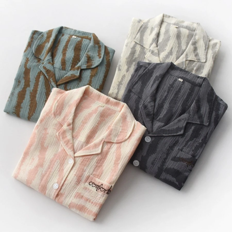 斑马纹刺绣字母睡衣男女春秋夏季纯棉纱布薄款长袖情侣家居服套装