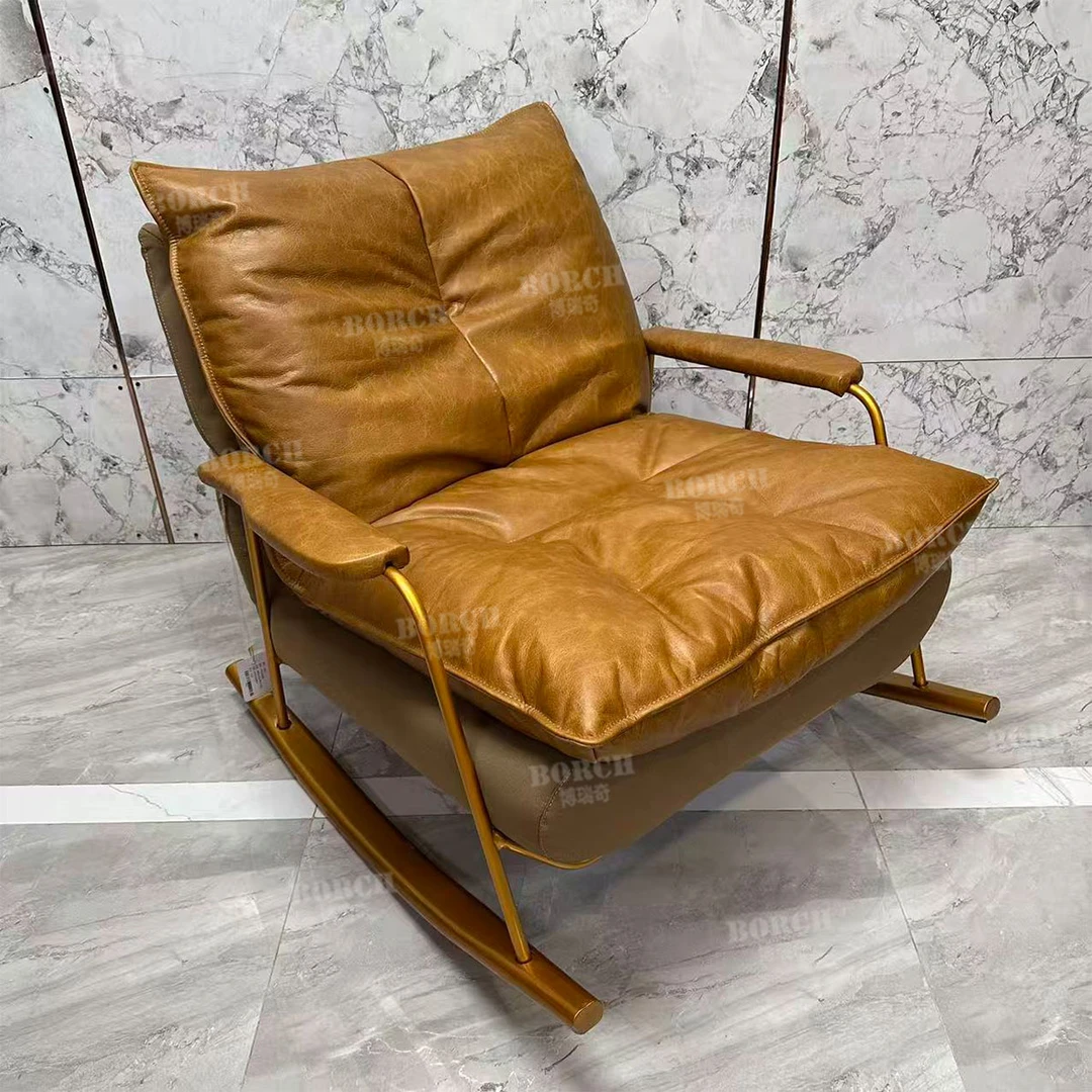 747博瑞奇复古头层牛皮摇椅阳台休闲椅懒人椅客厅沙发椅10047
