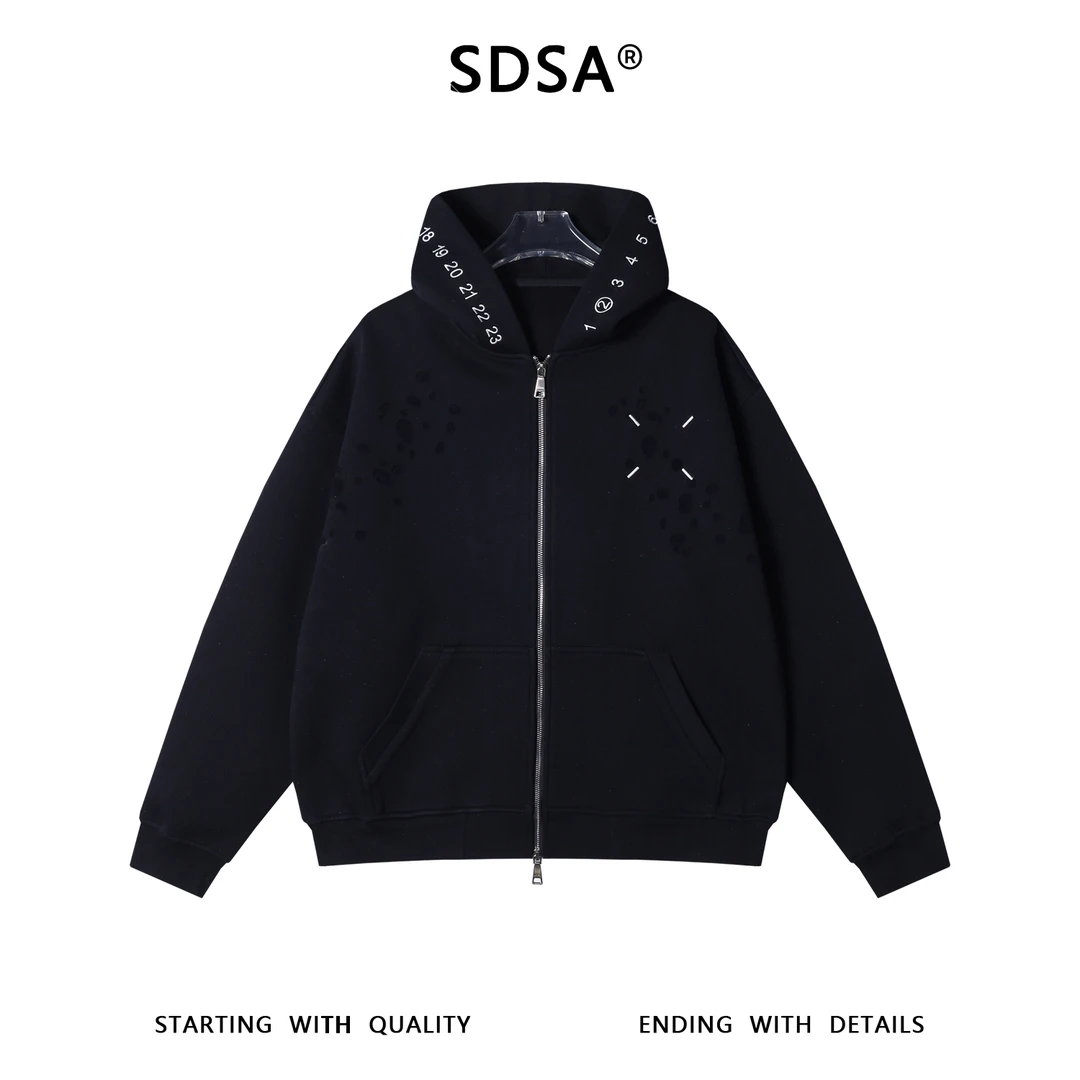 SDSA秋冬新款痞帅男装简约撞色刺绣数字拉链连帽开衫卫衣休闲百搭