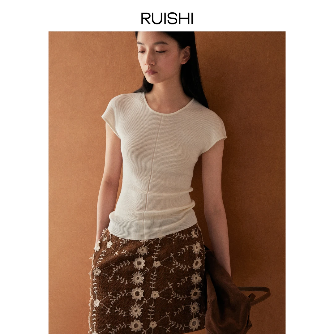 RUISHI芮时羊毛桑蚕丝修身显瘦纸片人针织短袖女夏季R25A1115203