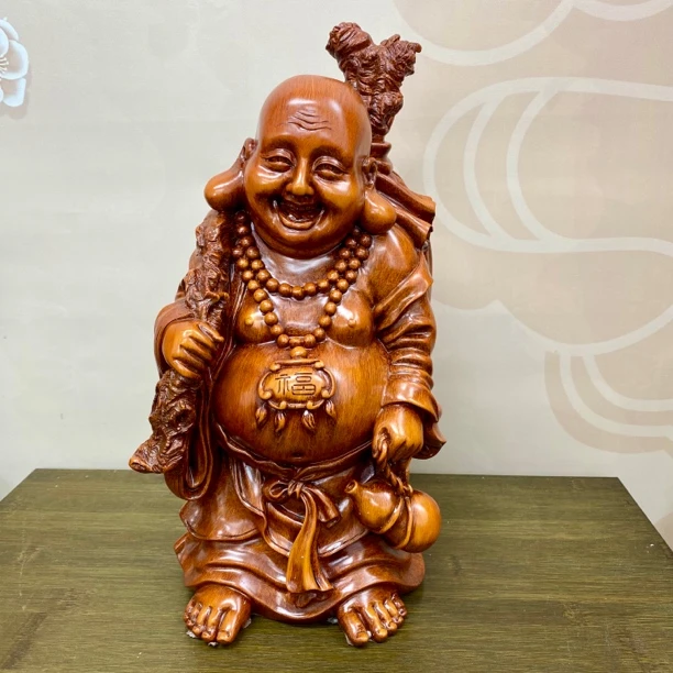 中国佛像弥勒佛工艺品笑佛手工雕刻客厅办公室玄关摆件（高36宽16）