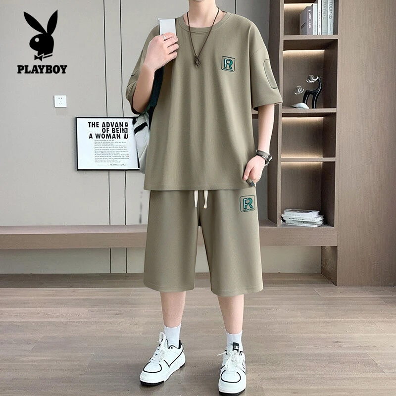 花花公子男士夏季高档冰丝套装薄款宽松休闲运动时尚大码两件套潮
