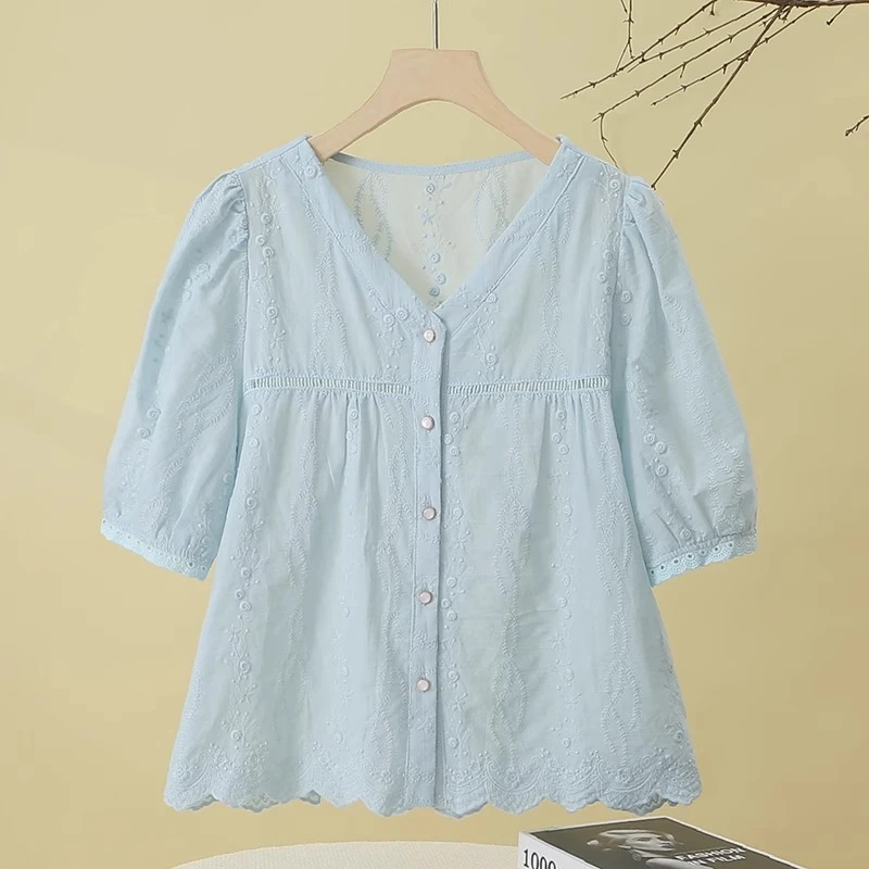 拉夏贝尔V领短袖蕾丝衬衫女夏2025新款洋气减龄小衫时尚蓝色上衣