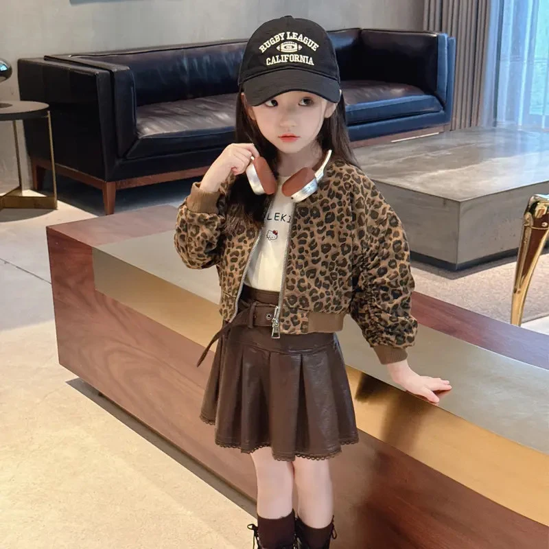 2025秋季新款女童套装豹纹夹克女宝女童夹克风衣外套休闲上衣双层
