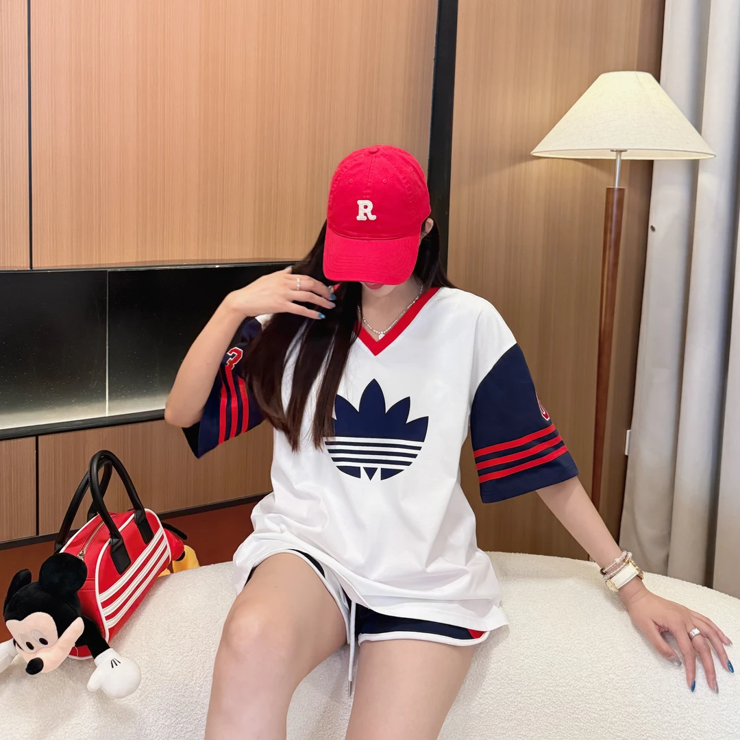 【蓝调时刻】夏季运动时尚潮流拼色条纹显瘦印花情侣V领撞色短袖09