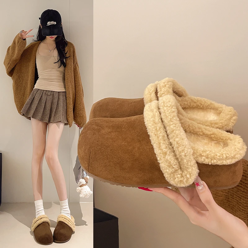 厚底增高勃肯鞋包头毛毛半拖鞋女冬加绒2025新款棉拖鞋加绒包头拖