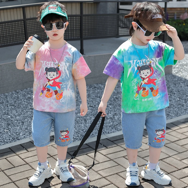 哪吒衣服男童夏装套装2025新款洋气儿童宝宝夏季薄款牛仔裤两件套