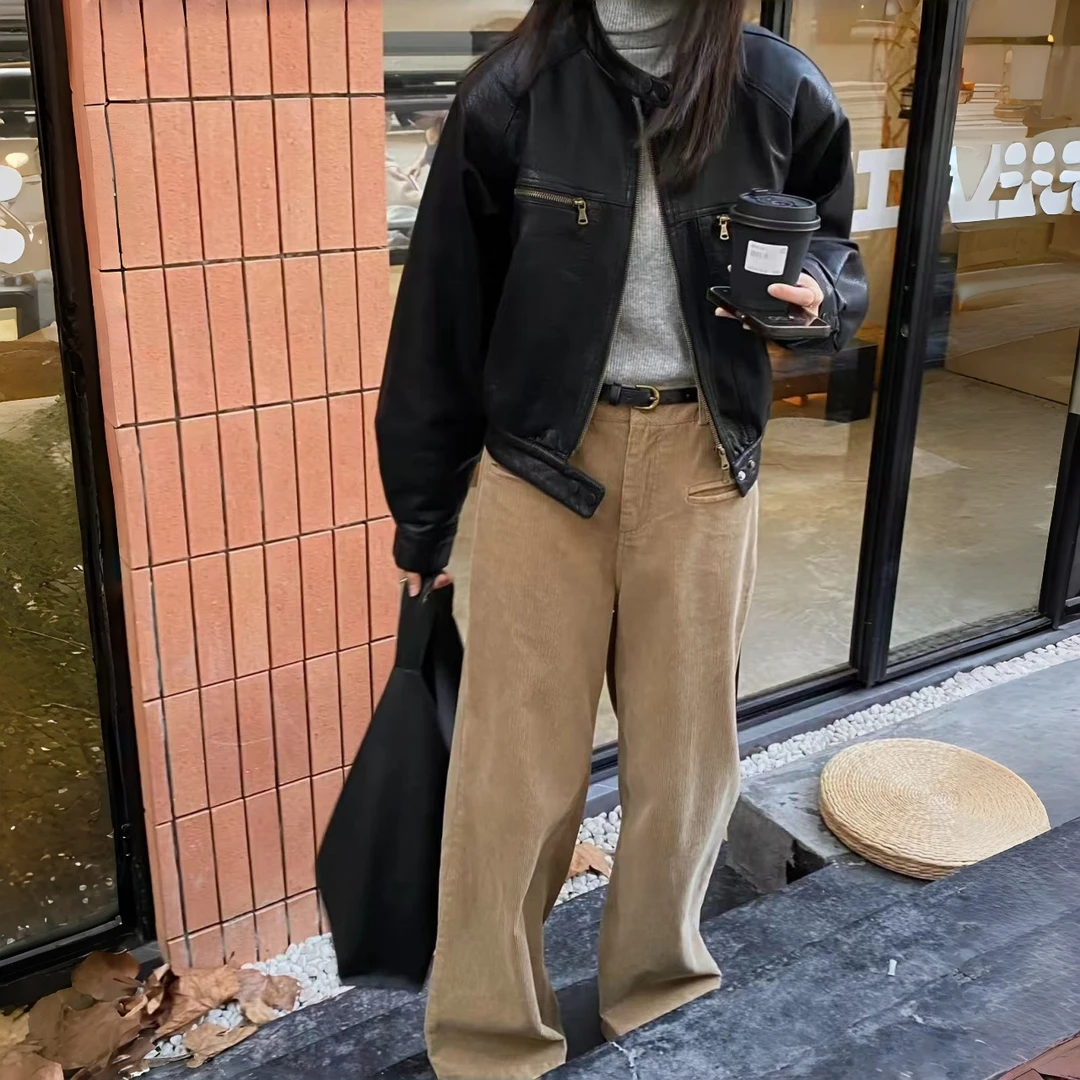 Manmi   复古机车风加毛绒皮夹克  8322（C5）