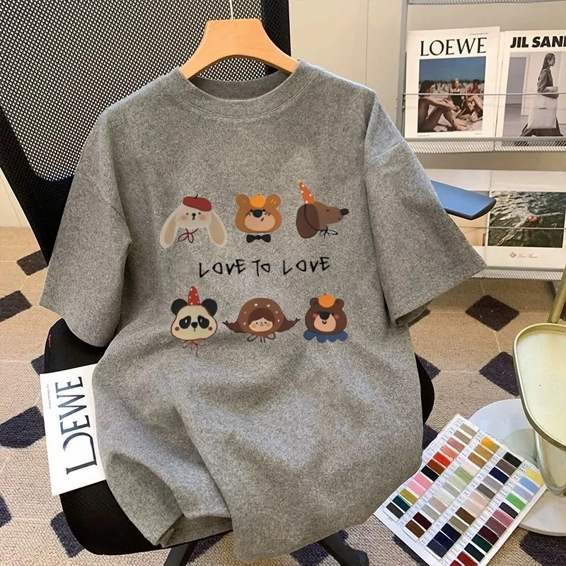 240斤大码胖妹妹减龄卡通磨毛加厚短袖t恤女2025新款春秋洋气上衣