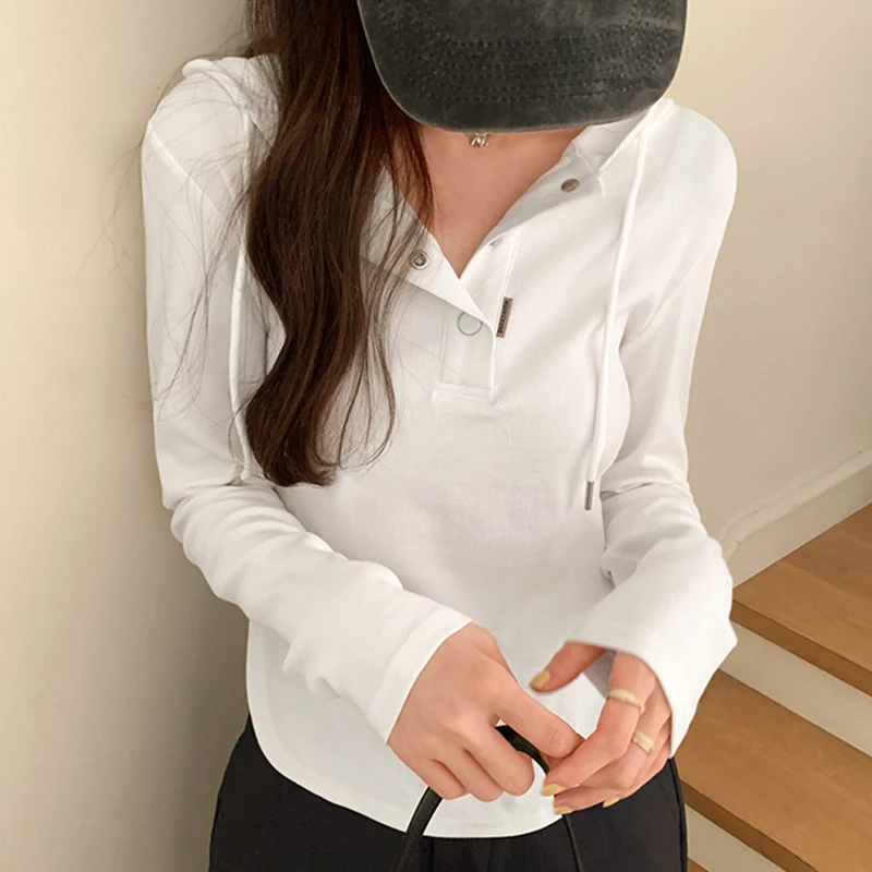 连帽长袖t恤女2025秋季新款修身显瘦短款洋气上衣打底衫ins潮卫衣