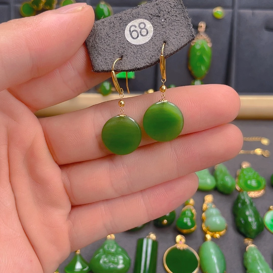 和田玉（碧玉）18K金镶嵌耳饰68