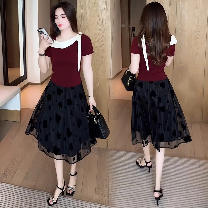 时尚套装裙夏季洋气显瘦气质拼接设计感短袖加蕾丝半身裙两件套