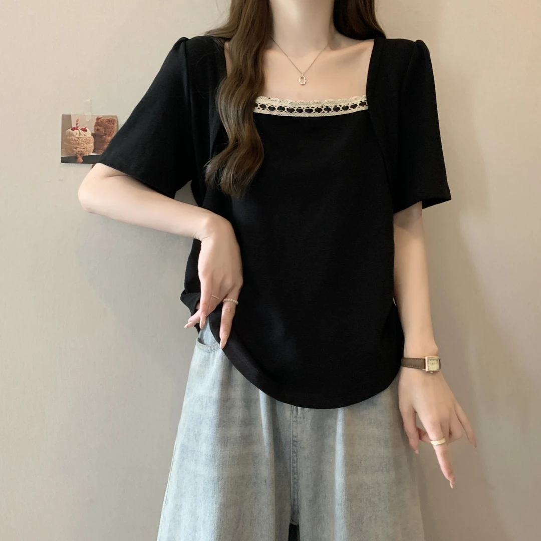 夏季2025新款胖MM大码方领露锁骨短袖T恤设计感别致显瘦上衣女