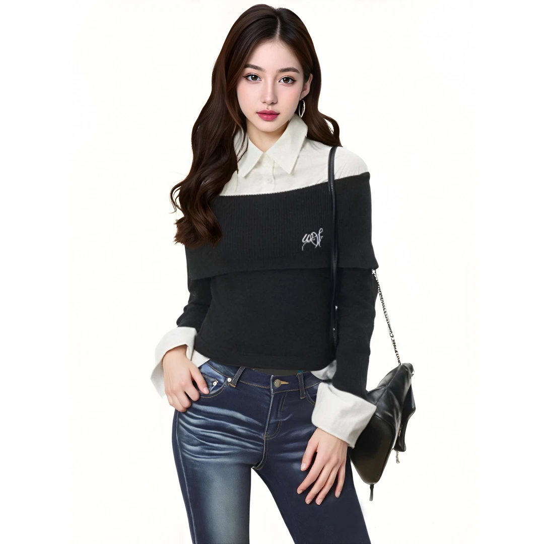 假两件衬衫拼接一字领针织衫高腰修身显瘦拖地长裤两件套