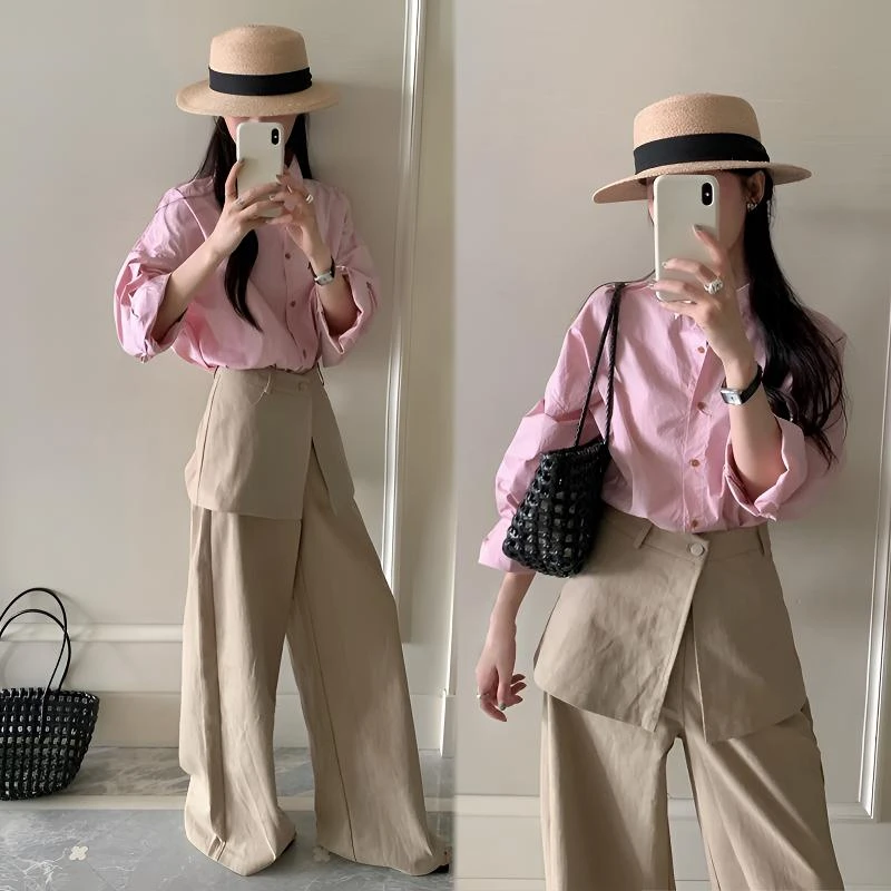 2025早秋新款长袖粉衬衫上衣搭屁帘阔腿裤套装时尚小巧思穿搭