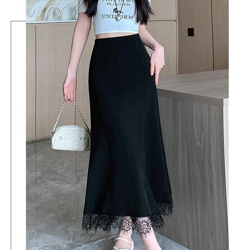 2025春夏气质遮肉显瘦高腰新款蕾丝拼接中长A摆西装女半身鱼尾裙