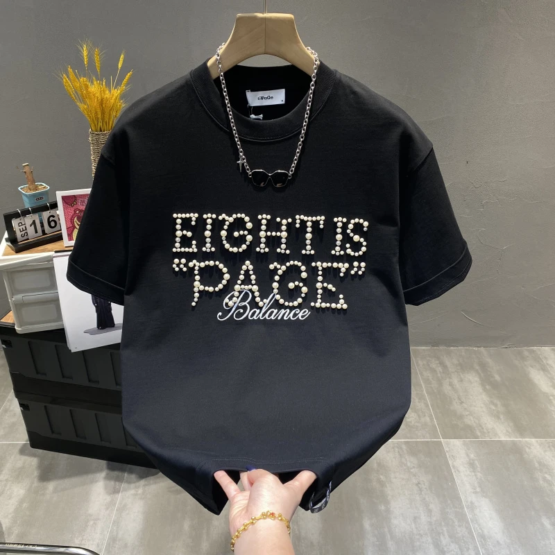 重磅纯棉短袖T恤2025年情侣款设计感珍珠字母纯色宽松短袖T恤男装