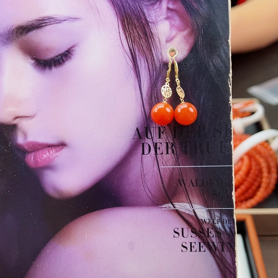 南红玛瑙手串18K金镶嵌耳饰