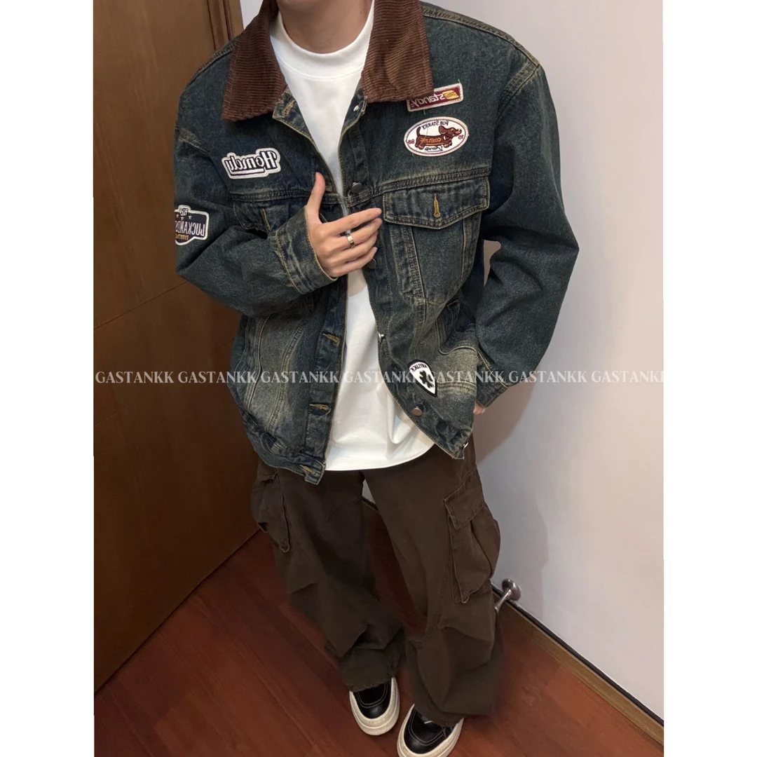 GASTANKK CLEANFIT美式复古贴布拼接领牛仔夹克