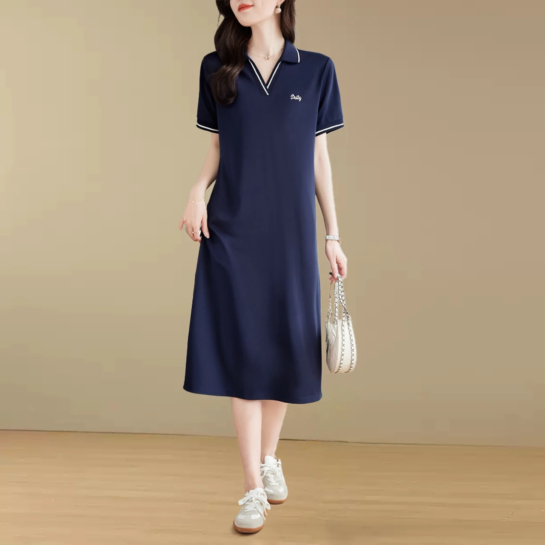 翻领短袖休闲连衣裙女2025新款女士裙子宽松大码女装polo领直筒裙