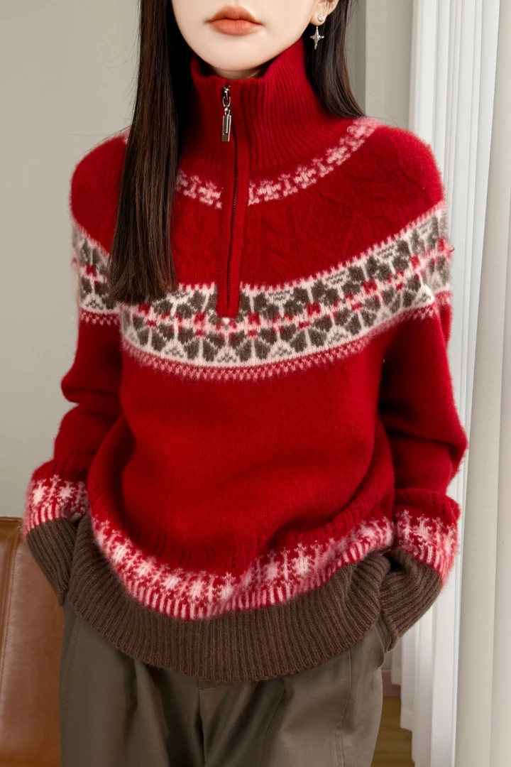 【新年必拍】100%羊毛一线费尔岛半拉链翻领提花羊毛衫D2537