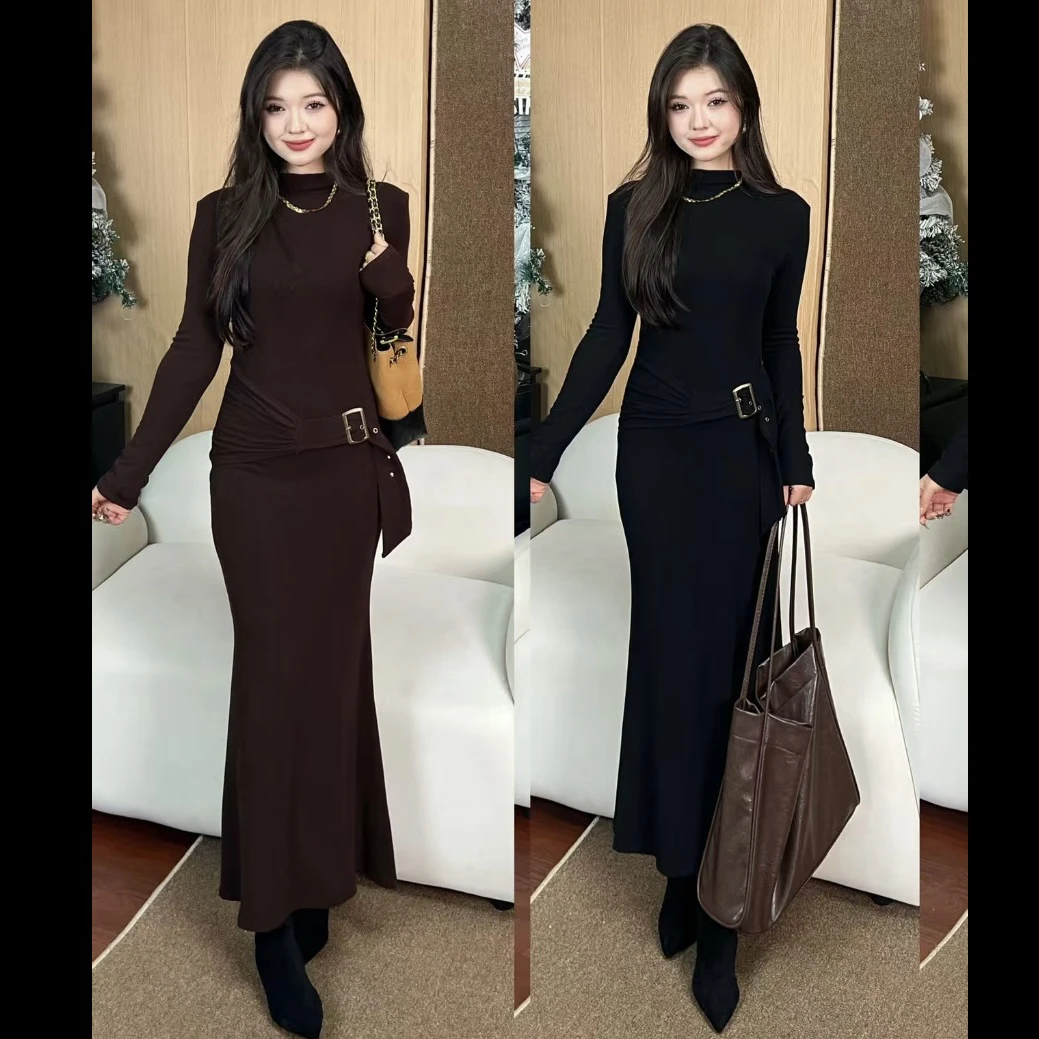 Rayhon新款连衣裙高领针织收腰显瘦气质休闲法式复古