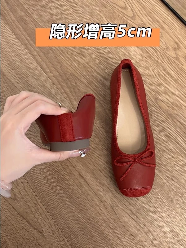 真皮法式小个子内增高芭蕾舞单鞋女2025新款复古蝴蝶结一脚蹬皮鞋